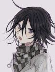  1boy absurdres bangs black_hair black_jacket blush checkered checkered_neckwear checkered_scarf commentary_request danganronpa_(series) danganronpa_v3:_killing_harmony eyebrows_visible_through_hair flipped_hair grey_background grey_jacket hair_between_eyes highres jacket looking_at_viewer male_focus messy_hair nyatoruhu open_mouth ouma_kokichi purple_eyes scarf simple_background solo straitjacket upper_body upper_teeth 