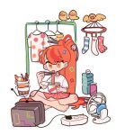  1girl bird bottle cable chick chopsticks commentary cup dated_commentary dolman_(dm) eating electric_fan food-themed_hair_ornament full_body hair_ornament hair_spread_out hairpin high_ponytail holding holding_chopsticks holding_cup long_hair miniskirt nissin_cup_noodle orange_hair original pink_skirt radio_antenna shirt short_sleeves simple_background skirt solo sparkle striped_clothes striped_skirt t-shirt television unworn_shirt unworn_skirt unworn_socks vertical-striped_clothes vertical-striped_skirt very_long_hair watching_television white_background white_shirt white_sleeves yellow_eyes 