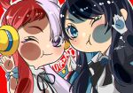  2girls ado_(utaite) black_bow black_bowtie black_coat black_hair blue_eyes blue_flower blue_hair blue_rose bow bowtie chando_(ado) chibi closed_mouth cloud_nine_inc coat collared_shirt colored_inner_hair commentary_request flower flower_brooch gloves highres keeko_(kk_0012) long_hair looking_at_viewer mole mole_under_eye multicolored_hair multiple_girls one_eye_closed one_piece one_piece_film:_red open_clothes open_coat purple_eyes red_hair rose shirt split-color_hair two-tone_hair upper_body uta_(one_piece) utaite voice_actor_connection white_gloves white_hair white_shirt 