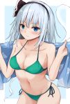  1girl absurdres bangs bare_shoulders bikini black_hairband blue_background blue_eyes blush border bra breasts closed_mouth commentary_request eyebrows_visible_through_hair ghost green_bikini green_bra green_panties hair_between_eyes hairband hands_up highres holding konpaku_youmu konpaku_youmu_(ghost) looking_at_viewer medium_breasts panties short_hair silver_hair simple_background smile solo standing swimsuit techi_(techi35499) touhou towel underwear white_border 