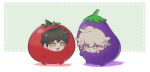  2boys :o ahoge bangs blush brown_hair chibi danganronpa_(series) danganronpa_2:_goodbye_despair eggplant eyebrows_visible_through_hair food_as_clothes grey_background grey_hair highres hinata_hajime komaeda_nagito kopaen_(komaeda_p) male_focus medium_hair multiple_boys shiny shiny_hair smile striped striped_background tomato 