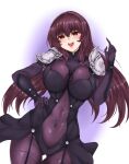  1girl armor blush bodysuit breasts covered_navel fate/grand_order fate_(series) highres large_breasts long_hair looking_at_viewer open_mouth pauldrons purple_bodysuit purple_hair red_eyes ryou_(619-619) scathach_(fate) shoulder_armor smile solo 