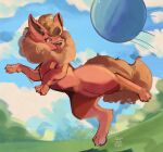 2024 ball cloud dated day detailed_background digital_media_(artwork) eeveelution feral flareon fur generation_1_pokemon grass hi_res nintendo open_mouth open_smile outside plant pokemon pokemon_(species) red_body red_fur signature sky smile solo tohupo tongue tongue_out
