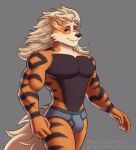 absurd_res anthro arcanine black_body black_fur blonde_hair briefs briefs_only bulge clothed clothing fur generation_1_pokemon grey_briefs grey_clothing grey_underwear hair hi_res looking_at_viewer male markings muscular nintendo orange_body orange_eyes orange_fur patreon pokemon pokemon_(species) sebtheredpanda signature simple_background smile solo standing striped_markings stripes topless twitter underwear underwear_only