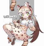  1girl :3 animal_ears animal_print blonde_hair blush boots bow bowtie brown_hair cat_ears cat_girl cat_print cat_tail fang full_body geoffroy&#039;s_cat_(kemono_friends) green_eyes hair_between_eyes hair_bow high-waist_skirt highres inu_(user_arjr4358) kemono_friends kemono_friends_3 long_hair long_sleeves multicolored_hair open_mouth print_bow print_bowtie print_skirt print_sleeves print_thighhighs shirt sidelocks skirt sleeves_past_wrists solo suspender_skirt suspenders tail thighhighs twintails white_footwear white_hair white_shirt zettai_ryouiki 
