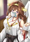 1boy 1girl absurdres admiral_(kancolle) bare_shoulders breasts brown_hair chloroform covering_another&#039;s_mouth detached_sleeves gloves gold_hairband hairband hand_over_another&#039;s_mouth highres indoors kantai_collection kongou_(kancolle) purple_eyes sirokuro_daruma upper_body white_gloves white_sleeves wide_sleeves 