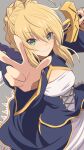  1girl ahoge artoria_pendragon_(fate) blonde_hair blouse braid excalibur_(fate/stay_night) eyebrows_visible_through_hair fate/stay_night fate_(series) french_braid fujitaka_nasu green_eyes hair_bun highres looking_at_viewer saber short_hair skirt smile solo sword weapon 