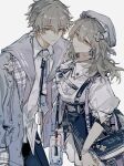  1boy 1girl absurdres bag beret blue_skirt bow bowtie caelus_(honkai:_star_rail) closed_mouth collared_shirt cowboy_shot fashion grey_hair grey_headwear grey_jacket grey_necktie hair_between_eyes handbag hat highres honkai:_star_rail honkai_(series) jacket long_hair long_sleeves looking_at_viewer mulihaohao necktie open_clothes open_jacket plaid plaid_jacket plaid_necktie puffy_short_sleeves puffy_sleeves school_uniform shirt short_hair short_sleeves simple_background skirt smile stelle_(honkai:_star_rail) suspender_skirt suspenders trailblazer_(honkai:_star_rail) two-sided_fabric two-sided_jacket white_background white_bow white_bowtie white_shirt yellow_eyes 