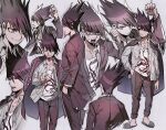  1boy aoki_(fumomo) arm_up bangs black_hair clenched_teeth collarbone commentary_request cropped_torso danganronpa_(series) danganronpa_v3:_killing_harmony dress_shirt expressions facial_hair gakuran goatee grey_background grin hand_in_pocket jacket jacket_on_shoulders long_sleeves male_focus momota_kaito multiple_views open_clothes open_mouth open_shirt pants pink_jacket pink_pants print_shirt profile purple_eyes school_uniform shirt short_hair simple_background smile spiked_hair teeth upper_teeth 