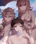  2boys 3girls bangs beach bikini bikini_skirt breasts brown_eyes brown_hair cleavage collarbone commentary_request danganronpa_(series) danganronpa_2:_goodbye_despair danganronpa_s:_ultimate_summer_camp day food front-tie_bikini front-tie_top galaga grin hair_ornament hand_fan hand_up highres hinata_hajime holding holding_fan holding_food hood hoodie ice_cream ipeulo jacket komaeda_nagito large_breasts layered_skirt leaning_forward long_fingers medium_hair messy_hair mole mole_on_breast multiple_boys multiple_girls nanami_chiaki ocean official_alternate_costume open_clothes open_jacket outdoors pink_bikini saionji_hiyoko short_hair skirt smile sparkle sweat swimsuit teeth tsumiki_mikan upper_body usami_(danganronpa) water_gun 