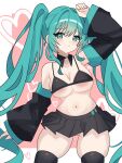  1girl absurdres aqua_eyes aqua_hair armpits arms_up bare_shoulders bikini black_bikini black_skirt black_sleeves blush breasts cleavage coco_irasuto cowboy_shot detached_sleeves hair_between_eyes hair_ornament hatsune_miku heart highres large_breasts long_hair long_sleeves looking_at_viewer midriff miniskirt navel necktie parted_lips pleated_skirt shirt skirt sleeveless sleeveless_shirt solo stomach swimsuit thick_thighs thighhighs thighs twintails very_long_hair vocaloid zettai_ryouiki 