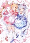  2girls animal_ears apron bai_(granblue_fantasy) bell blonde_hair blue_dress blue_footwear blush braided_hair_rings chocolate detached_sleeves dress erune fang frilled_apron frilled_dress frilled_sleeves frilled_socks frills granblue_fantasy grey_hair hair_ornament hair_ribbon heart heart_hair_ornament highres huang_(granblue_fantasy) interlocked_fingers looking_at_viewer lying multiple_girls neck_bell official_alternate_costume official_alternate_hairstyle open_mouth pink_dress red_footwear red_ribbon ribbon siblings sisters skin_fang smile socks striped_ribbon tail tail_ornament tail_ribbon tiger_ears tiger_girl tiger_stripes tiger_tail twins valentine waist_apron white_socks yellowpaint. 