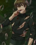  1boy black_shirt blood blood_on_clothes blood_on_face blood_on_hands blood_stain brown_eyes brown_hair bubble cuts facing_viewer guro h13480824183 hair_between_eyes highres holding_eyeball injury li_&quot;xiaolang&quot; licking licking_eye looking_at_viewer male_focus open_mouth sharp_teeth shirt short_hair solo teeth tongue tongue_out torn_clothes tsubasa_chronicle turtleneck_shirt upper_body 