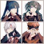  1girl 3boys absurdres allen_walker black_gloves black_order_uniform blue_eyes blue_hair border d.gray-man dark_blue_hair eyepatch gloves green_eyes green_hair grey_border grey_eyes heart heart_hands high_ponytail highres jacket kanda_yuu lavi lenalee_lee long_hair looking_at_viewer military_jacket multiple_boys necktie portrait purple_eyes red_hair red_necktie red_scarf scar scar_across_eye scarf short_hair smile sodamachi twintails uniform white_background white_hair 