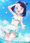  1girl :d arm_up black_hair cloud commentary cowlick day eyelashes gazing_eye green_eyes green_shorts happy highres knees liko_(pokemon) looking_down midriff navel open_mouth outdoors pokemon pokemon_(anime) pokemon_horizons shorts sky smile solo sparkle swimsuit teeth upper_teeth_only wading water water_drop watermark web_address 