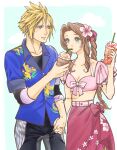  1boy 1girl aerith_gainsborough aerith_gainsborough_(floral_delight) animal_print artist_name black_shirt black_shorts blonde_hair blue_eyes blue_shirt border braid braided_ponytail breasts brown_hair chocobo cleavage cloud_strife cloud_strife_(ocean_chocobo) couple cowboy_shot crop_top drink drinking drinking_straw drinking_straw_in_mouth final_fantasy final_fantasy_vii final_fantasy_vii_rebirth final_fantasy_vii_remake floral_print flower frilled_sleeves frills green_eyes hair_flower hair_ornament hair_ribbon hetero highres holding holding_drink holding_hands interlocked_fingers light_smile medium_breasts midriff official_alternate_costume omochi_daisuki parted_bangs pink_sarong pink_shirt print_shirt ribbon shirt shirt_under_shirt short_sleeves shorts sidelocks single_braid spiked_hair wavy_hair white_border 