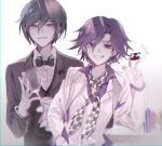  2boys bangs black_bow black_hair black_jacket blush bow bowtie brown_hair checkered checkered_neckwear commentary cup danganronpa_(series) danganronpa_10th_anniversary_costume danganronpa_v3:_killing_harmony grey_background grin half-closed_eyes hand_in_pocket hand_up highres jacket jey_(j3y) male_focus multiple_boys ouma_kokichi parted_lips poker_chip purple_eyes purple_hair purple_shirt saihara_shuuichi shirt short_hair simple_background smile teeth upper_body vest white_jacket white_vest yellow_eyes 