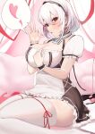  1girl anchor_choker apron azur_lane breasts cafenami cleavage dildo fellatio_gesture heart highres large_breasts looking_at_viewer maid maid_headdress ok_sign puffy_short_sleeves puffy_sleeves red_eyes scrunchie sex_toy short_sleeves sirius_(azur_lane) sitting spoken_heart thighhighs waist_apron wariza white_apron white_hair white_scrunchie white_thighhighs wrist_scrunchie 