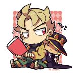  2boys :&lt; aged_down black_coat black_headwear blonde_hair book border chibi chibi_only closed_mouth coat dio_brando eyelashes hat holding holding_book jacket jojo_no_kimyou_na_bouken kotorai kujo_jotaro lowres male_focus multiple_boys no_nose signature sitting v-shaped_eyebrows white_border yellow_jacket 