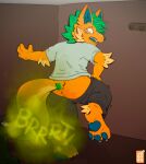 anthro bottomwear bottomwear_down canid canine canis changing_room clothed clothing fart fart_cloud fur hair hi_res jooper looking_back male mammal nude orange_body orange_fur pants pants_down partially_clothed raised_leg raised_tail smelly solo standing tail undressing wolf