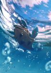  air_bubble blurry bubble closed_eyes cloud commentary day from_below full_body gen_1_pokemon highres lapras no_humans pokemon pokemon_(creature) sky underwater upside-down water_surface yukichi_(tsuknak1) 