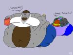 2018 3_toes 4:3 4_fingers angry anthro barefoot batspid2 belly belly_hair big_belly biped black_clothing black_topwear blue_bottomwear blue_clothing bodily_fluids body_hair bottomwear brown_hair burping chest_hair chips_(food) clothing common_hippopotamus damien_(rickdacutechubbyhumanoid) dialogue digital_drawing_(artwork) digital_media_(artwork) double_chin duo english_text excessive_sweat exclamation_point feet fingers flat_colors food french_flag full-length_portrait green_hair grey_background grey_body grey_skin hair hair_over_eyes hippopotamid holding_food holding_object huge_belly huge_moobs huge_thighs hyper hyper_belly hyper_hips hyper_thighs jacket love_handles male mammal maxence_(rickdacutechubbyhumanoid) midriff morbidly_obese morbidly_obese_anthro morbidly_obese_male multicolored_clothing multicolored_topwear navel obese obese_anthro obese_male open_mouth overweight overweight_anthro overweight_male pants pink_tongue portrait purple_body purple_skin red_clothing red_topwear shirt short_hair signature simple_background standing sweat sweat_stain sweaty_arms sweaty_belly tank_top teeth text thick_thighs toes tongue topwear two_tone_clothing two_tone_topwear white_clothing white_topwear yellow_clothing yellow_topwear