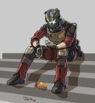  1boy assault_visor black_footwear bodysuit boots bulletproof_vest english_commentary facing_down fingerless_gloves gloves grey_gloves highres holding_pill jack_cooper knee_pads pill_bottle red_bodysuit shadow sitting solo stairs titanfall_(series) titanfall_2 xander_maxwell 
