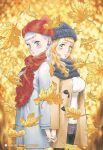  2girls autumn_leaves back-to-back beanie black_clover black_headwear black_scarf blush breasts brown_coat coat earrings english_text grey_coat grey_hair hat highres holding_hands jewelry large_breasts leaf long_hair maple_leaf mimosa_vermillion multiple_girls noelle_silva official_alternate_costume official_art open_clothes open_coat orange_hair pom_pom_(clothes) pom_pom_beanie purple_eyes red_beanie red_headwear red_scarf scarf shirt smile tabata_yuuki white_shirt 