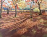  autumn_leaves day highres leaf maple_leaf maple_tree no_humans norako_pastel original painting_(medium) pastel_(medium) path shadow sunlight traditional_media tree 