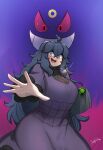  1girl @_@ ahoge alternate_breast_size black_hair blush breasts crossed_bangs curvy dress dusk_ball gengar hair_between_eyes hex_maniac_(pokemon) highres holding holding_poke_ball john_(a2556349) large_breasts long_dress long_hair looking_at_viewer mega_gengar mega_stone messy_hair open_mouth poke_ball pokemon pokemon_(creature) pokemon_xy 