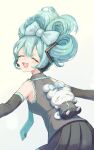  1girl :d armpit_peek bare_shoulders black_skirt black_sleeves blue_bow blue_hair blush bow cinnamiku cinnamoroll closed_eyes collared_shirt cowboy_shot detached_sleeves facing_viewer frilled_shirt frills from_behind grey_shirt hair_between_eyes hair_bow hatsune_miku headset highres kotatsukarakita leaning_forward long_sleeves microphone open_mouth outstretched_arms pleated_skirt rabbit sanrio shirt simple_background skirt sleeveless sleeveless_shirt smile solo updo vocaloid white_background 