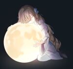  1girl black_background blue_flower blue_hair closed_eyes flower full_moon grey_hair hair_flower hair_ornament hair_over_one_eye highres hug isekai_joucho kamitsubaki_studio lowlay60 moon multicolored_hair sitting solo two-tone_hair virtual_youtuber 