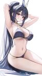  1girl absurdres armpits arms_behind_back arms_up azur_lane bare_arms bare_shoulders bikini black_bikini black_eyes black_hair blue_eyes blush breasts cleavage commentary_request criss-cross_halter eyewear_on_head g_home grin halterneck hand_in_own_hair head_tilt highres large_breasts long_hair looking_at_viewer navel new_jersey_(azur_lane) new_jersey_(midsummer_leisure)_(azur_lane) on_floor ponytail purple_hair sidelocks sitting smile solo stomach string_bikini sunglasses swimsuit teeth thighs very_long_hair white_background 