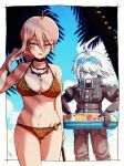  1girl :d ahoge android antenna_hair bangs barbed_wire bikini black_choker blue_eyes border breasts choker cleavage commentary danganronpa_(series) danganronpa_v3:_killing_harmony day gloves goggles grey_hair hakusoto hand_in_hair holding innertube iruma_miu keebo large_breasts long_hair navel o-ring open_mouth outside_border palm_tree power_armor short_hair signature smile sweat swimsuit symbol-only_commentary tree white_border white_hair 