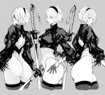  1girl 2b_(nier:automata) ass back_cutout blindfold breasts closed_mouth clothing_cutout commentary feather_trim from_behind from_side gloves grey_background greyscale hairband highleg highleg_leotard highres holding holding_weapon leotard lips long_sleeves looking_at_viewer medium_breasts mole mole_under_mouth monochrome multiple_views nier:automata nier_(series) nishiii26miii puffy_sleeves short_hair sword thighhighs thighs turtleneck weapon 