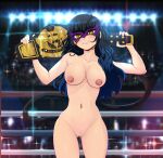  1girl ass_visible_through_thighs black_hair breasts championship_belt collarbone commentary commission completely_nude cowboy_shot domino_mask english_commentary fang highres large_breasts long_hair mask navel nipples nude original parted_lips pussy slit_pupils smile solo sparkle_background uncensored wrestling_ring yadiel yellow_eyes 