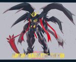 character_name copyright_name full_body glowing glowing_eyes grey_background gundam gundam_deathscythe gundam_wing highres holding holding_scythe letterboxed mecha mechanical_wings mobile_suit no_humans robot science_fiction scythe v-fin wings yuu_(s_graphics_tri) 