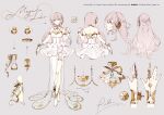  1girl :o armlet back backless_dress backless_outfit blue_eyes bracelet breasts character_name choker claw_ring cleavage copyright_name dress en_pointe fingernails from_behind from_side full_body gold_choker gramophone_luka grey_background hair_ribbon hand_up headphones jewelry leg_tattoo long_hair megurine_luka miku_symphony_(vocaloid) multiple_views number_tattoo pink_hair reference_sheet rella ribbon see-through signature simple_background tattoo thighlet toeless_footwear upper_body white_dress white_ribbon 