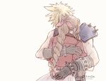  1boy 1girl aerith_gainsborough ancotsubu armor arms_around_back artist_name bandaged_arm bandages black_gloves blonde_hair braid braided_ponytail brown_hair cloud_strife couple cropped_jacket dress final_fantasy final_fantasy_vii final_fantasy_vii_rebirth final_fantasy_vii_remake gloves hair_ribbon hetero hug jacket long_hair pink_dress pink_ribbon red_jacket ribbon short_hair short_sleeves shoulder_armor single_bare_shoulder single_braid single_shoulder_pad sleeveless sleeveless_turtleneck spiked_hair turtleneck twitter_username upper_body 