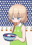  1girl bowl commentary_request dress duck_print girls_und_panzer green_dress highres holding holding_bowl katyusha_(girls_und_panzer) looking_down medium_hair mouth_hold sabaku_chitai solo upper_body wooden_spoon 