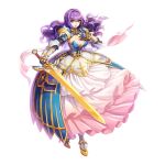  1girl armor armored_boots armored_dress boots breasts cleavage commentary_request faulds full_body gauntlets hair_between_eyes hair_intakes highres holding holding_sword holding_weapon leona_(pixiv) looking_at_viewer medium_bangs medium_breasts official_alternate_costume official_art open_mouth pink_skirt purple_eyes purple_hair ragnarok_online royal_guard_(ragnarok_online) simple_background skirt solo sword tachi-e transparent_background walking weapon 
