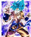  1boy absurdres aura blue_eyes blue_hair blue_shirt cowboy_shot dougi dragon_ball dragon_ball_super dragon_ball_z_fukkatsu_no_f fighting_stance highres medium_hair muscular muscular_male orange_pants orange_shirt pants sekitsuki_hayato shirt solo son_goku spiky super_saiyan super_saiyan_blue teeth 