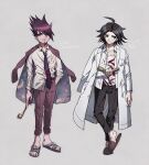  ahoge aoki_(fumomo) bangs black_hair black_pants book coat coat_on_shoulders collarbone commentary_request cosplay costume_switch danganronpa/zero danganronpa_(series) danganronpa_v3:_killing_harmony full_body grey_background half-closed_eyes hand_in_pocket holding jacket jacket_on_shoulders labcoat long_hair looking_up male_focus matsuda_yasuke momota_kaito multiple_boys multiple_views necktie open_book open_clothes open_coat open_shirt pants pink_jacket pink_pants print_shirt purple_eyes sandals shirt shirt_half_tucked_in shoes simple_background space_print starry_sky_print sword translation_request weapon 