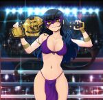  1girl arm_strap bikini black_hair breasts championship_belt collarbone commentary commission cowboy_shot domino_mask english_commentary fang highres large_breasts long_hair mask navel original parted_lips pelvic_curtain purple_bikini slit_pupils smile solo sparkle_background swimsuit wrestling_ring yadiel yellow_eyes 