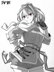  1girl absurdres blush bow character_name girls&#039;_frontline gloves hair_between_eyes hair_bow hairband hand_on_own_hip hand_up highres long_hair looking_at_viewer minami_shin_(zenshuu_bougyo) monochrome pointing red_eyes shorts simple_background smile solo spot_color straight-on sv-98_(girls&#039;_frontline) 