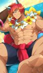  1boy abs bandaid bandaid_on_nose bara bare_pectorals beach black_male_swimwear dark-skinned_male dark_skin feet flower flower_necklace gradient_hair highres jewelry kuroshinki large_pectorals league_of_legends lying male_focus male_swimwear multicolored_hair muscular muscular_male navel necklace nipples official_alternate_costume on_back pectorals red_hair sand sett_(league_of_legends) short_hair soles solo spread_legs stomach swim_trunks thick_thighs thighs veins whistle whistle_around_neck 