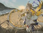  1girl absurdres arknights artist_name backlighting bare_shoulders beads bingtang_zouzi_btzz blonde_hair blue_eyes closed_mouth collarbone colored_skin dragon_girl dragon_horns dragon_tail earrings feet_out_of_frame floating_hair grey_hair hair_between_eyes hair_intakes hand_on_own_chest hand_up highres horns jacket jewelry light_smile long_hair long_sleeves looking_at_viewer necklace off_shoulder open_clothes open_jacket outdoors pants plant pointy_ears purple_hair purple_horns river rural shu_(arknights) solo split_mouth standing tail very_long_hair watermark weibo_logo white_horns white_jacket white_pants white_tail yellow_horns yellow_tail 