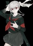  1girl \m/ absurdres arm_up bangs black_background black_serafuku black_shirt braid commentary contrapposto cowboy_shot danganronpa_(series) danganronpa_2:_goodbye_despair frown glasses hair_ornament hair_ribbon hand_up highres long_hair long_sleeves looking_at_viewer neckerchief pale_skin pekoyama_peko pleated_skirt red_armband red_eyes ribbon sailor_collar school_uniform sema_(vivaviva_02) serafuku shirt simple_background skirt solo twin_braids white_ribbon 