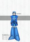  1boy absurdres alternate_costume android blue_footwear blue_headwear blue_jacket boots forehead_jewel green_eyes hands_in_pockets helmet highres jacket mega_man_(series) mega_man_x_(series) simple_background solo twitter_username watermark white_background x_(mega_man) yamanashi_taiki 