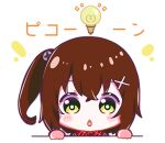  1girl :o blush bright_pupils brown_hair chibi denonbu green_eyes hair_ornament hidaka_reina_(denonbu) light_bulb looking_at_viewer lowres nonkomu_(furiten5553) official_art open_mouth outline portrait side_ponytail solo straight-on translation_request transparent_background upper_body white_outline white_pupils x_hair_ornament 